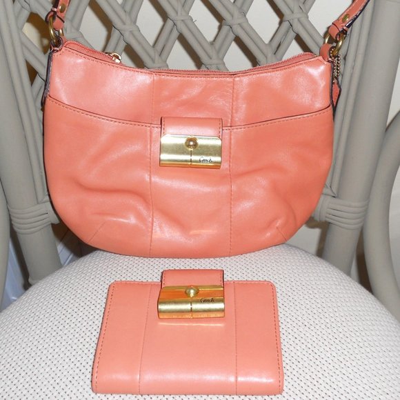 Coach Handbags - NWT Coach 43723 Kristin Peach Leather Pouch Handbag + Matching Bifold Wallet